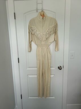 Vintage Repertoire Cream Fringe Western Jumpsuit with High Neck